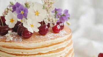 A stack of pancakes with cherries and flowers photo