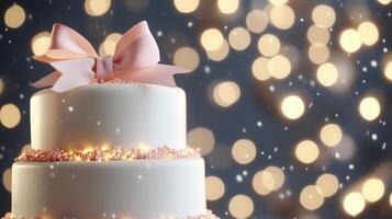 Three-tier festive cake with pink bow photo