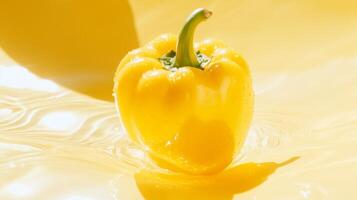 Mirror-like yellow bell pepper on a vibrant yellow background photo