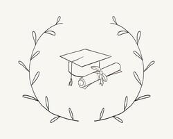 Graduation hat with diploma in frame doodle line. University Cap of graduate and certificate degree hand drawn outline. Graduation hats sketch vector