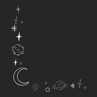 Celestial doodle corner, falling star blink divider, frame. Hand drawn ornament border with stars, planets, meteorite and moon. Space magic simple decor.