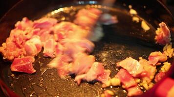 a pan with meat and vegetables cooking in it video