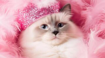 A Ragdoll cat in a bright pink feathered hat photo