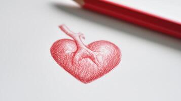 A red pencil is next to a drawing of a heart photo