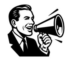 Old 50s retro style man speaking into a megaphone logo. Vintage Attention announcement notification icon graphic. illustration image. isolated on white background. vector