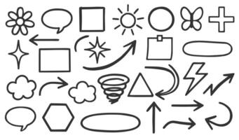 Line sketch star, arrow, decoration element icon set. Hand drawn sketch doodle butterfly flower element. Pen line decoration shape icon. Hand drawn illustration. Isolated on white background. vector