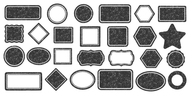 Stamps frames icon shape set. Stamp grunge ink rubber labels sign collection. Isolated on white background. Black star round and square stamp border pack.