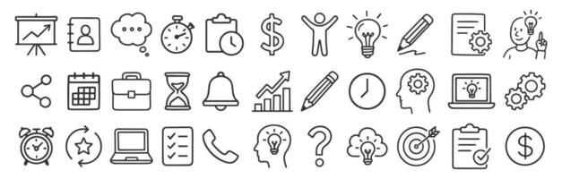 Business idea and time management hand drawn style icon symbol set. Marketing work line Drawing icons collection. line art Logo pack. illustration image. Isolated on white background vector