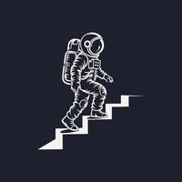clean, white outline drawing of an astronaut ascending a series of blocky steps vector