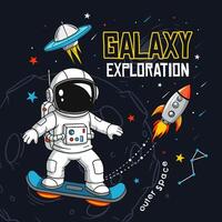 Playful cartoon astronaut on a hoverboard in space, with a rocket and UFO vector
