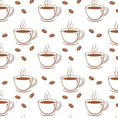 Coffee vibe. Seamless pattern with coffee cups and coffee beans. Restaurant menu background or kitchen wallpaper
