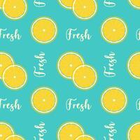 Seamless pattern with lettering Fresh and slices of citrus halves on bright blue background, slices of lemon and orange. Packaging, wallpaper, backdrop, background. vector