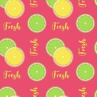 Summer pattern with slices of citrus halves and lettering Fresh, on bright red background, slices of lemon and orange. Packaging, wallpaper, backdrop, background. vector