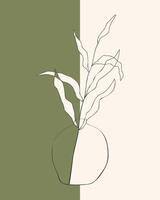 Minimalism linear art. Wall decor vase with branch with leaves, dualism, boho style, two halves, green and beige colors. Interior design. vector