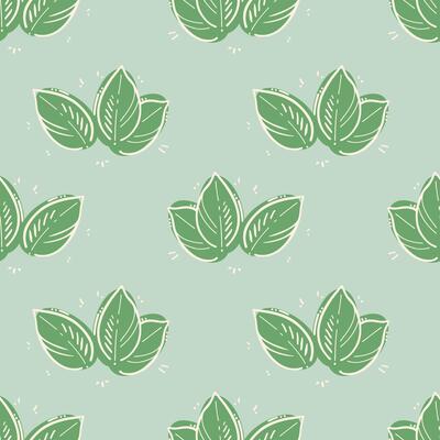 Pattern mint leaves doodle, contour drawing on background of green spots, on mint background.