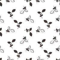 Pattern with coffee beans and branches with coffee fruits. Dark branches on white background. vector