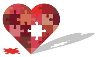 Red puzzle heart with missing piece. Puzzle pieces in the shape of love. vector