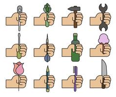 Hands holding things. Various objects in human hands. Hand with objects set. vector