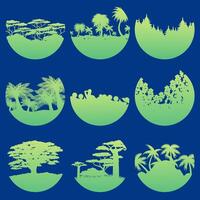 Set of minimalist landscapes. Set of minimalist silhouettes of pines, palms and other trees. vector