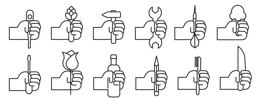 Hands holding things in a thin line. Various objects in human hands. Hand with objects set. vector