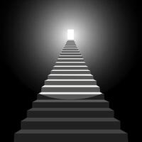 Steps leading to light in the dark. Walking towards the light. Light at the end of the tunnel. vector