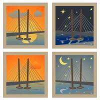 Cartoon illustration of a river. A view of a lake with a bridge on the horizon at different times of the day. vector