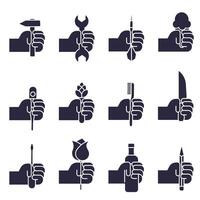 Full icons of various objects in human hands. Hands holding things. Hand with objects set. vector