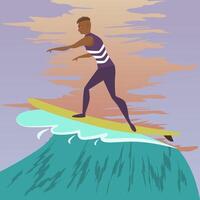 Illustration of a surfer on a wave at sunset - sports scene. Bright color style, dynamic pose, beach theme. vector