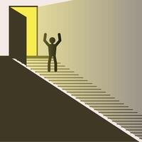 Abstraction of a person walking towards the light. Steps leading to light in the darkness. vector