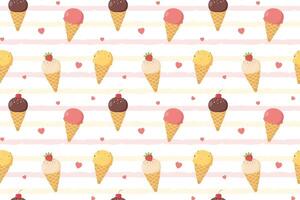 Cute seamless pattern with ice cream cone and hearts on striped background. Summer design for childrens clothes, textiles, fabric, packaging. illustration vector