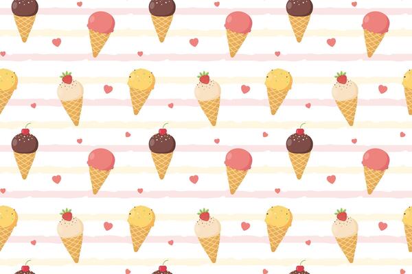 Cute seamless pattern with ice cream cone and hearts on striped background. Summer design for childrens clothes, textiles, fabric, packaging. illustration