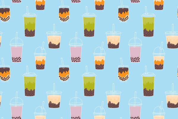 Seamless pattern with bubble tea. Repeating print with cold boba cocktail in glasses with straw. illustration