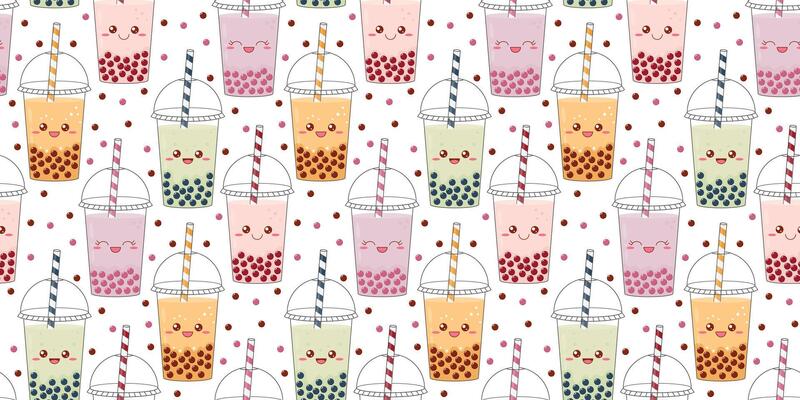 Cute seamless pattern with plastic glasses of bubble tea. Funny kawaii characters of drinks. illustration
