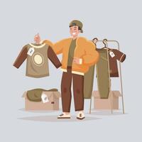 Man with clothes for sale at a thrift shop illustration in isolated background vector