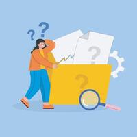 finding folder with confuse woman illustration in isolated background vector