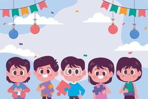 five children holding puzzle read for celebrating background in horizontal frame vector