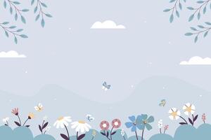 Flowers and butterflies with sky background in horizontal screen vector