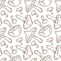 Seamless pattern with inedible and edible mushroom in line art style. Chanterelle, Autumn Skullcap, Deadly Webcap background design for wrapping paper, wallpaper, textiles, package. vector