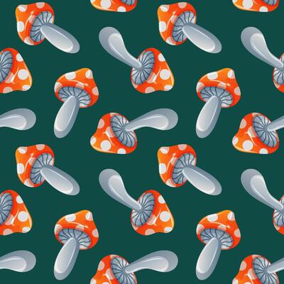 Seamless pattern with red fly agaric mushroom in cartoon style on green background. Perfect for fairy tale theme, forest packaging, whimsical design and magical autumn decoration.