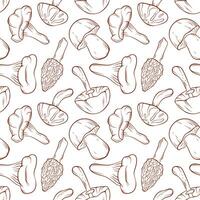 Seamless pattern of line art style mushroom on white background. Boletus, porcini, Chanterelle, Morel, Niscalo, Shiitake, Autumn Skullcap. Perfect for food, nature or botanical autumn design. vector