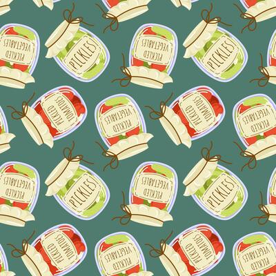 Seamless pattern of marinated vegetable in glass jars with label in cartoon style. Perfect for kitchen wallpaper, food package, farm store design and autumn theme.