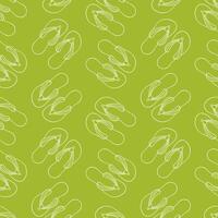 Seamless pattern with flip flops summer shoes in line art style. Slippers design for wallpaper, textile on a green background. vector