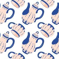 Seamless retro kettle and mug pattern in flat style. Background for wrapping paper, package, textile, menu, cafe wallpaper, tea party, card design. vector
