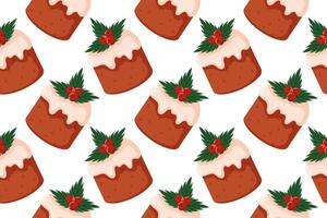 Seamless pattern with Festive Christmas cake topped with white icing, holly leaves and red berries in cartoon style. Ideal for kitchen design, greeting card or culinary menu. vector