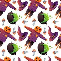 Seamless Halloween pattern with pumpkin, scarecrow, witch hat, boiling cauldrons and fly agaric mushroom in cartoon style on white background. Perfect for seasonal wrapping paper and spooky design. vector