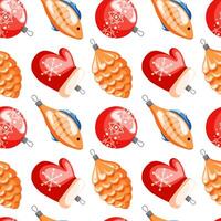 Christmas and Happy New Year seamless pattern in cartoon style. Christmas toys decoration in a shape of fish, mitten and pine cone. Retro, vintage illustration on a white background. vector