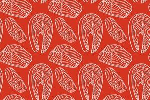 Seamless pattern with salmon fillet and steak in line art style on red background. Perfect for seafood packaging, restaurant menu, kitchen design and fish store branding. vector