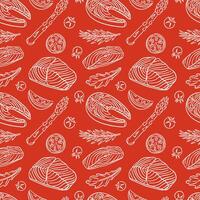 Seamless pattern with Salmon steak in line art style on red background. Tomato, slice of lemon, rosemary, arugula, asparagus. Red fish design for menu, kitchen wallpaper, restaurant, wrapping. vector