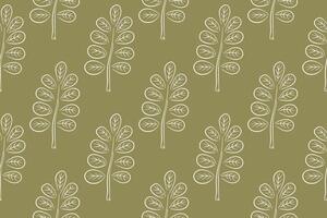Simple seamless autumn pattern with acacia leaves in line art style. Design for textile, fabric, wallpaper, print, gift wrapping, postcard on green background. vector