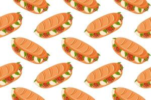Baguette sandwich seamless pattern with fresh tomatoes, mozzarella cheese and basil leaf in flat style. Design for breakfast menu, grocery and kitchen wallpaper. vector